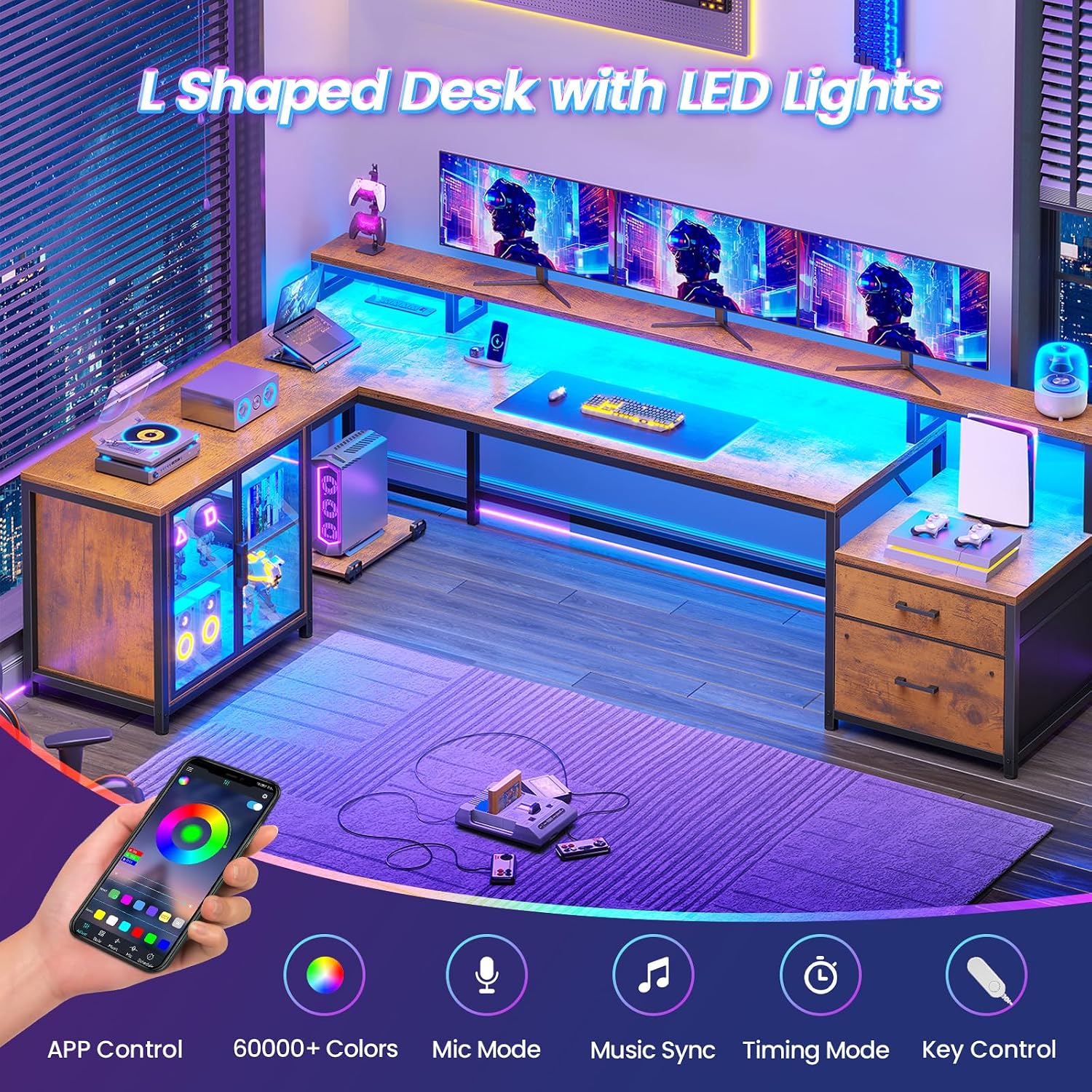 SEDETA 78.7' Large L Shaped Desk with Storage Drawers, Office Desk with File Drawer and Display Cabinet, L Shaped Gaming Desk with Storage, Power Outlet and LED Lights for Home Office, Rustic Brown
