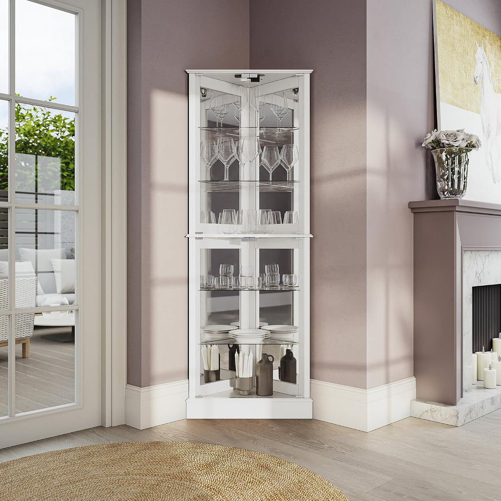 BELLEZE Lighted Accent Corner Display Curio Cabinet with Tempered Glass Doors and Shelves, Classic Wood Cabinet w/Bulb, Corner Curio Storage Rack for Living Room, Bed-Room and Kitchen (White)