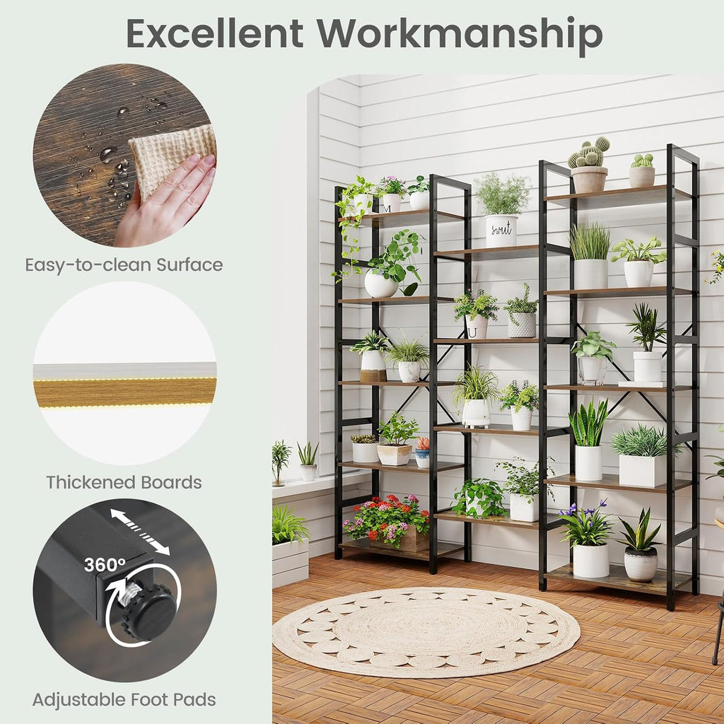 Giantex 5-Tier Industrial Bookshelf, Triple Wide Heavy-Duty Metal Frame Bookcases w/ 14 Open Shelves, Large Floor Standing Display Shelf Rack w/Anti-tip Kits, Storage Shelf for Living Room Study