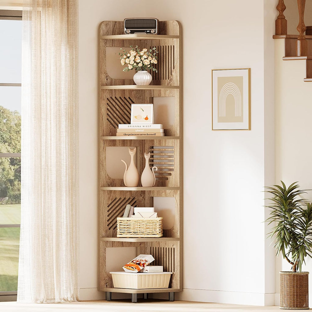 Tribesigns 6-Tier Tall Corner Shelf, 71-Inch Rustic Narrow Corner Bookshelf Bookcase with Square Rack, Freestanding Corner Display Storage Shelf Organizer for Living Room, Kitchen, Office, Natural