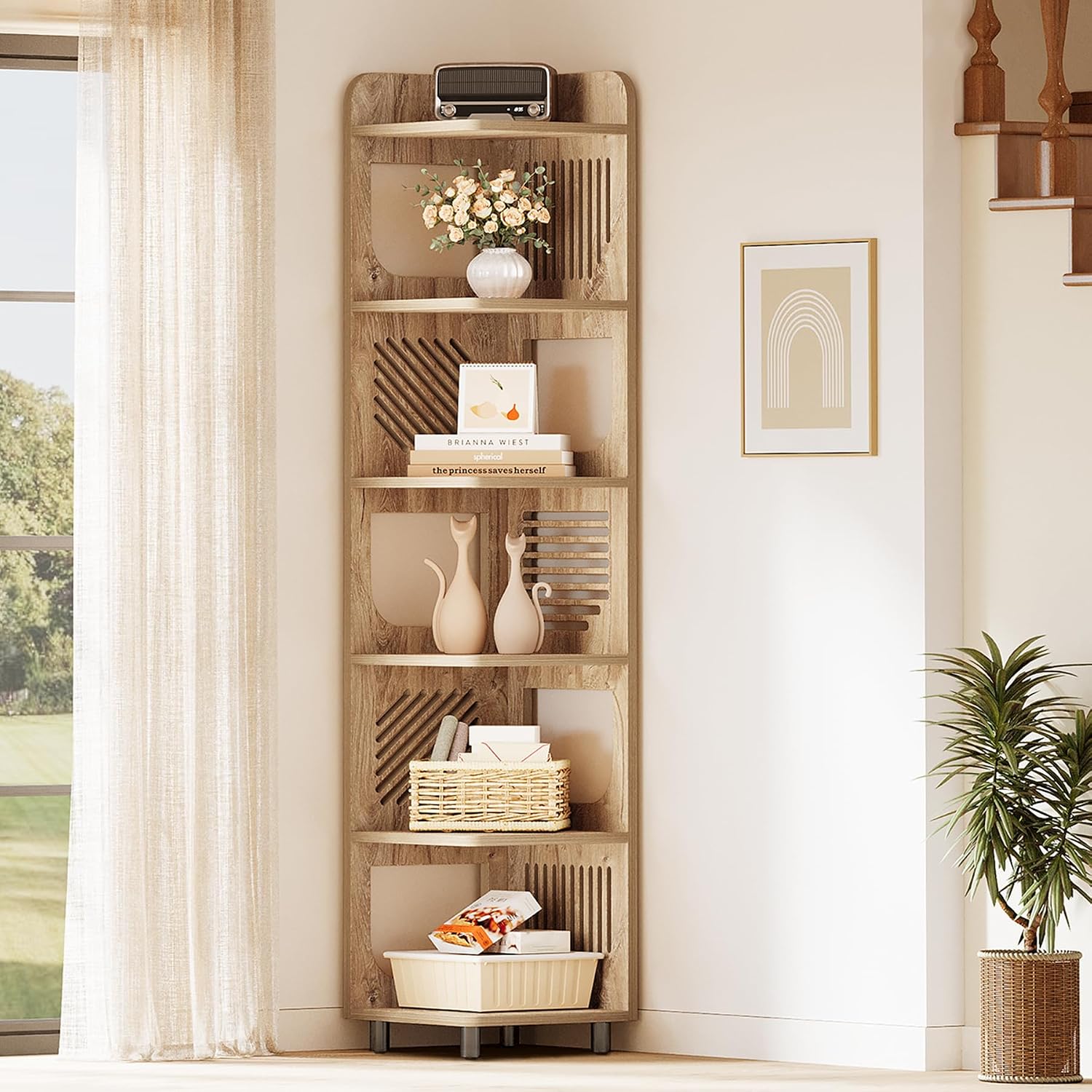 Tribesigns 6-Tier Tall Corner Shelf, 71-Inch Rustic Narrow Corner Bookshelf Bookcase with Square Rack, Freestanding Corner Display Storage Shelf Organizer for Living Room, Kitchen, Office, Natural