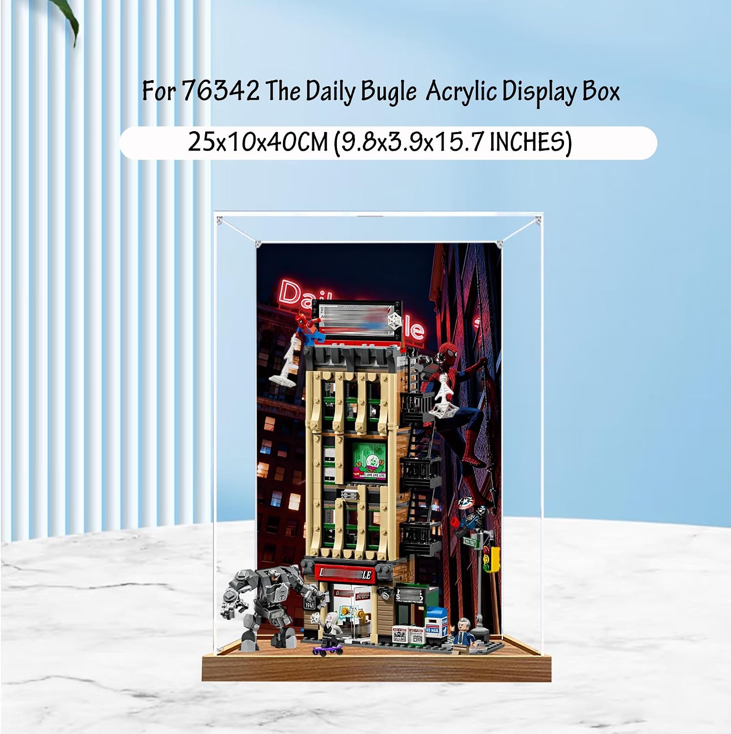 Acrylic Display Case for Lego 76342 The Daily Bugle Model, 3mm Dustproof Display Box, Display Case Compatible with Lego 76342(Model Not Included) (Background 3MM Wood Base C)