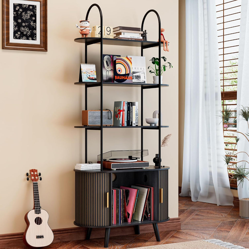 Tall Vinyl Record Player Stand, Black Small Record Storage Cabinet, 4 Tier Arched Bookshelf with Sliding Doors, Fluted Media Display Shelf, Mid Century Modern Turntable Stand for Living Room, Retro