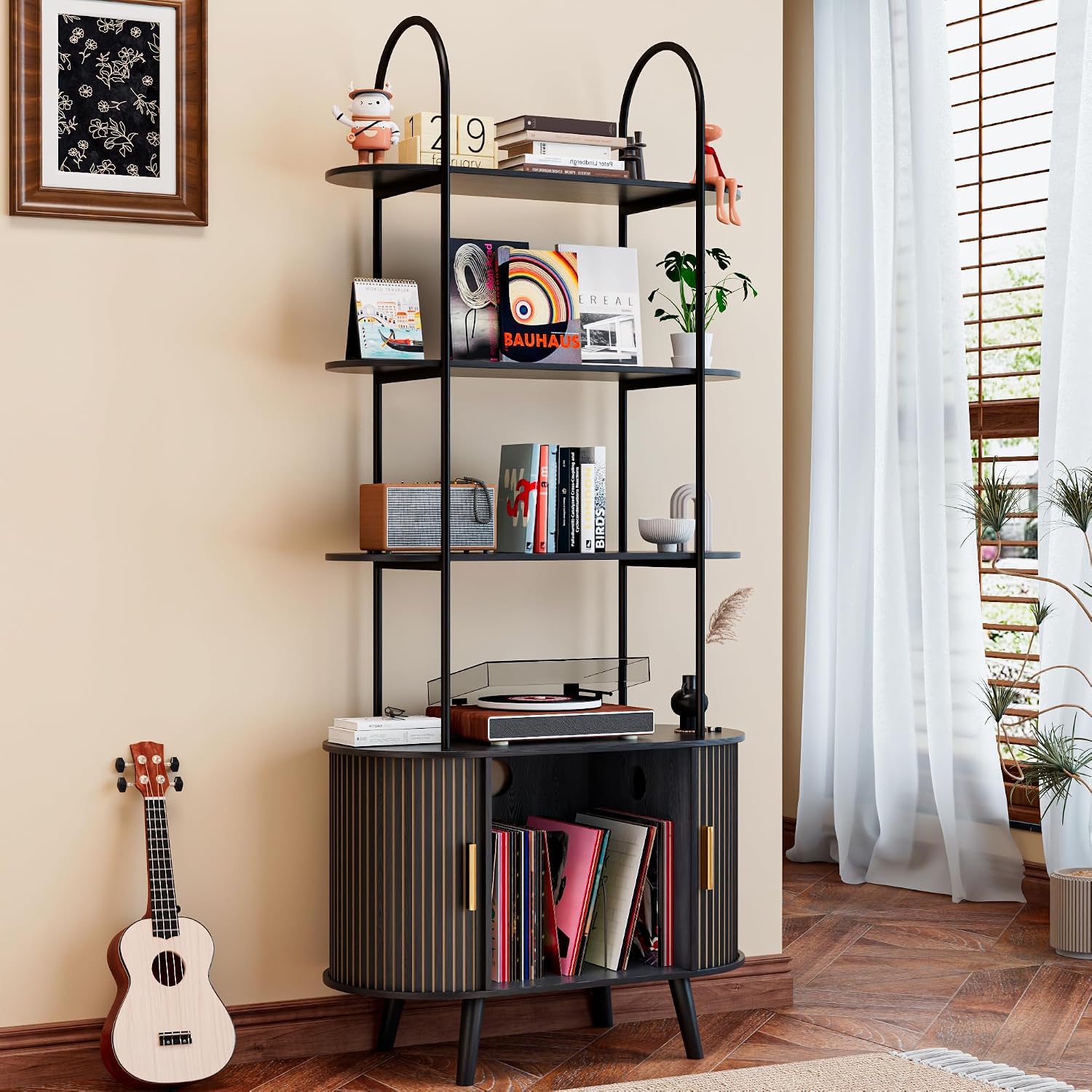 Tall Vinyl Record Player Stand, Black Small Record Storage Cabinet, 4 Tier Arched Bookshelf with Sliding Doors, Fluted Media Display Shelf, Mid Century Modern Turntable Stand for Living Room, Retro