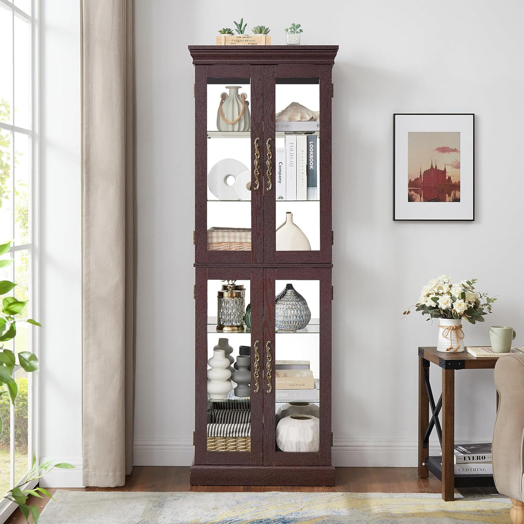 Lighted Glass Curio Cabinet with Lights & Adjustable Shelves,Curio Display Cabinet with Wood Frame,Corner Cabinet for Kitchen,Living Room,Office(Free Standing,Light Bulb Include)