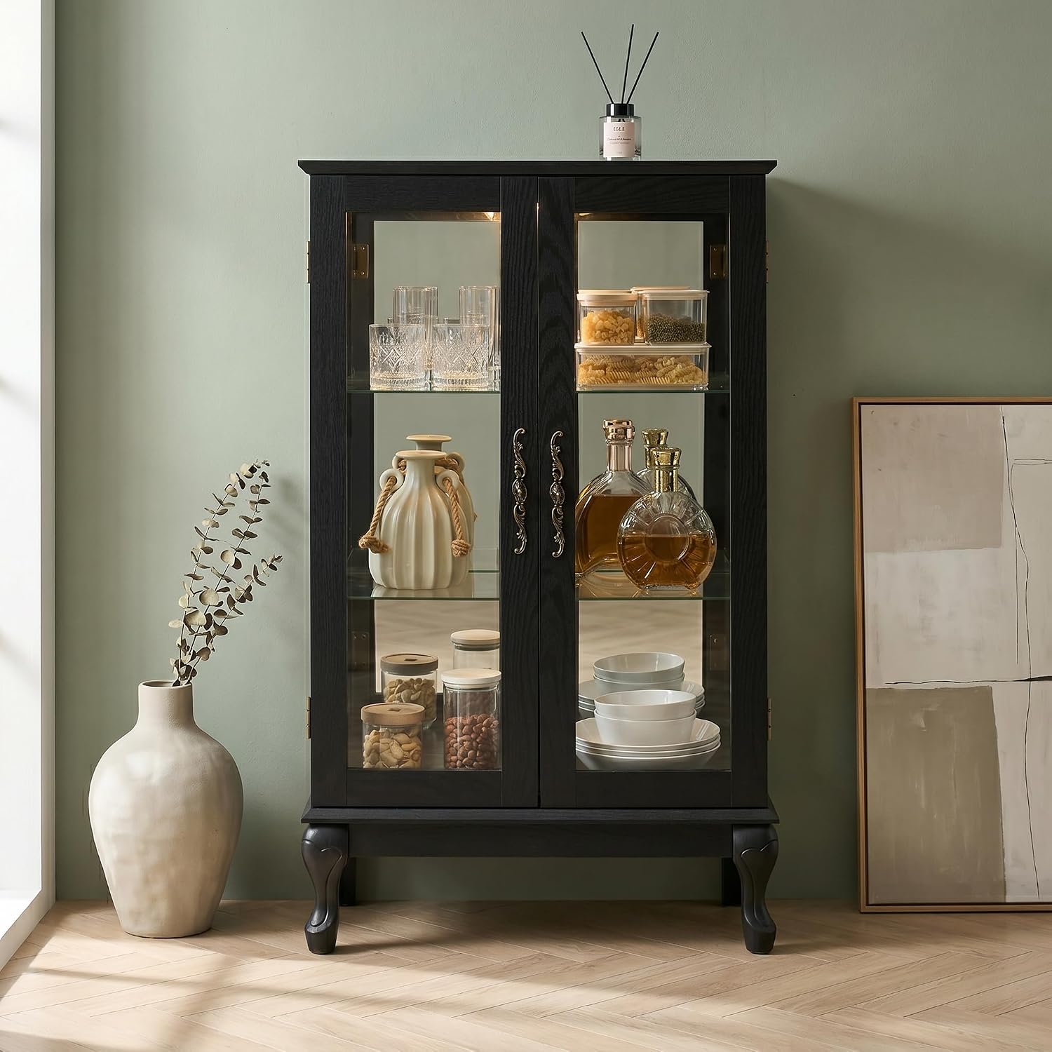 Casaphoria Lighted Curio Display Cabinet with Glass Doors, Display Cabinets for Collectibles with Mirrored Back and Adjustable Tempered Glass Shelves for Living Room, Entryway (Black