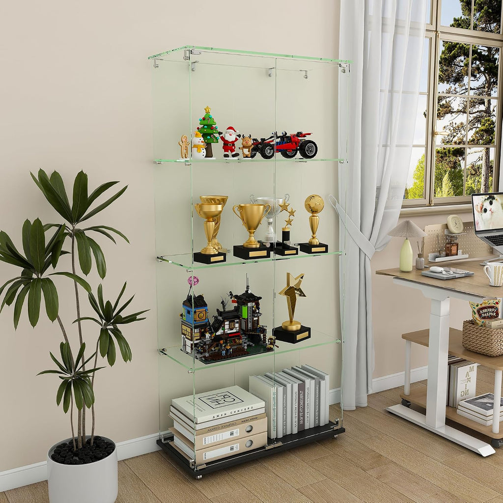 Runboll Glass Display Cabinet 4 Tiers 2 Doors with LED Light, Curio Cabinet with Wheels, Floor Standing Tempered Glass Showcase Display Shelf for Collectibles, Legos, Figures, Plants