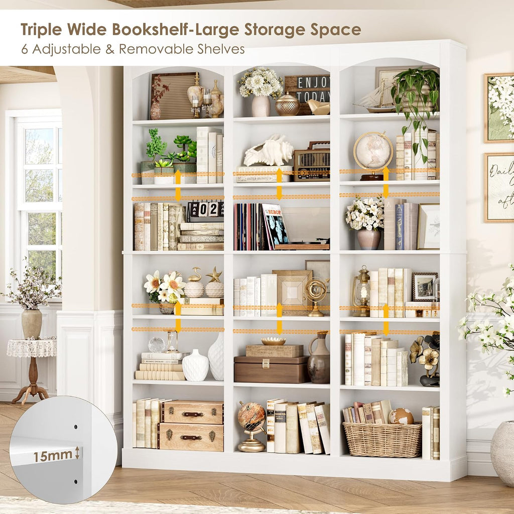 FACBOTALL 71' Triple Wide Bookshelf, 6 Tier Bookcase, Large White Bookshelf with Curved Baffle, 63.4' Wide White Bookcase with 18 Open Display Shelves for Living Room, Study, White