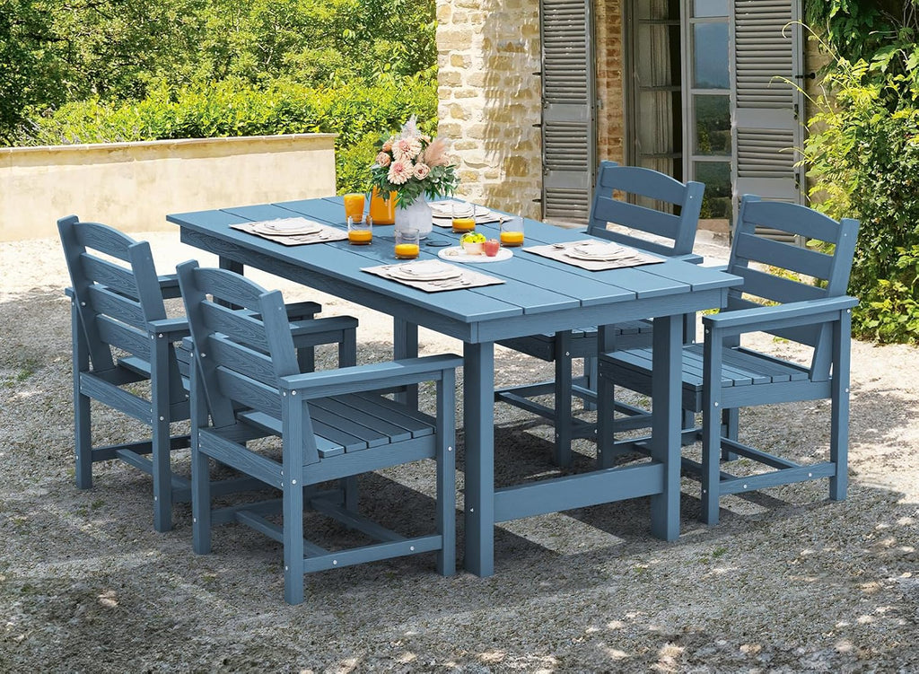 SERWALL 7-Piece Patio Dining Table Sets, Outdoor HDPE Dining Furniture Set with Umbrella Hole Cut-Out Table and 6 Chairs, Blue