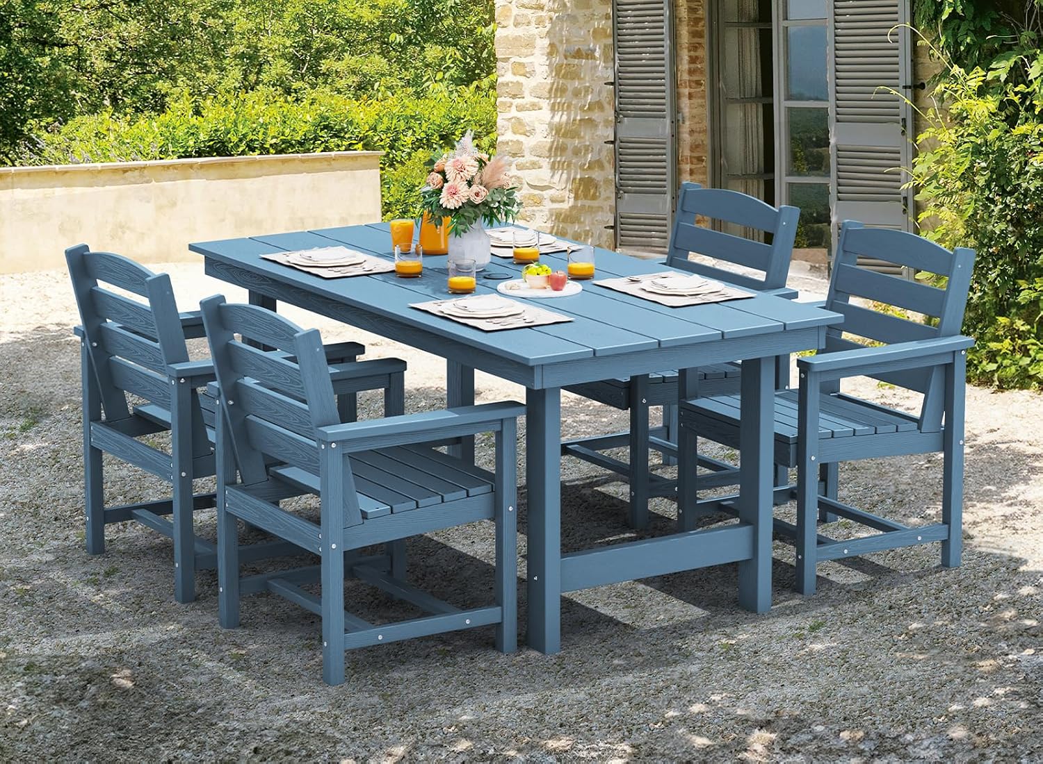 SERWALL 7-Piece Patio Dining Table Sets, Outdoor HDPE Dining Furniture Set with Umbrella Hole Cut-Out Table and 6 Chairs, Blue