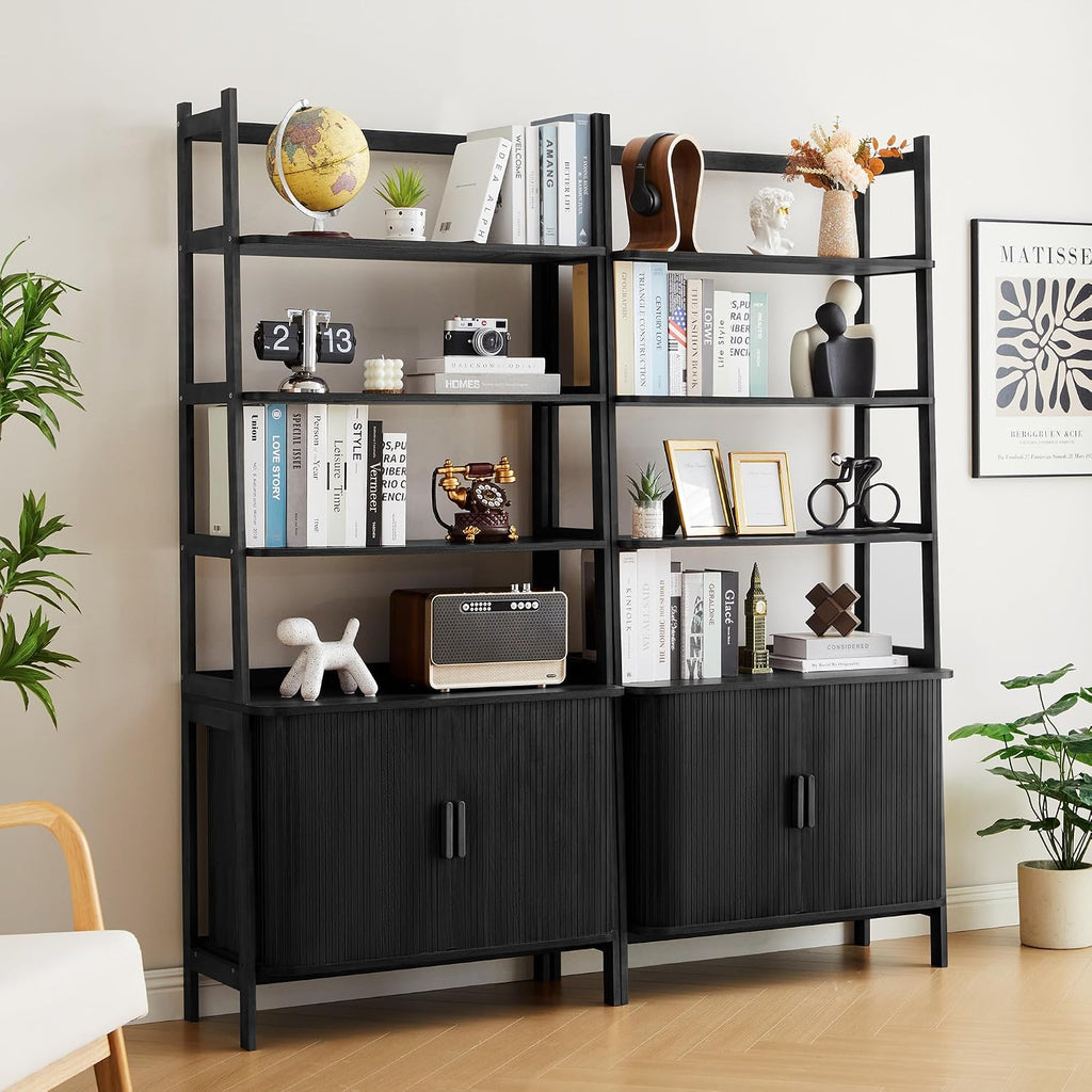 4-Tier Bookshelf, Tall Bookcase with Open Shelf and Sliding Door, 67' Freestanding Storage Organizer Display Cabinet for Living Room, Home Office (Black)