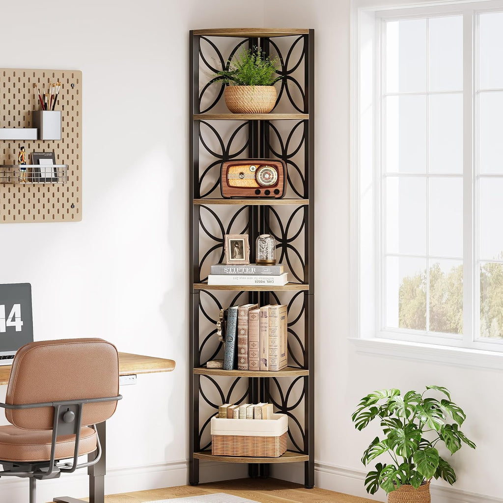 Tribesigns 6-Tier Corner Shelf, Set of 2, 70.9' Rustic Corner Bookshelf Display Shelf for Living Room, Wooden Shelving Unit Plant Stand Storage Rack for Bedroom, Bathroom, Small Space, Rustic Brown