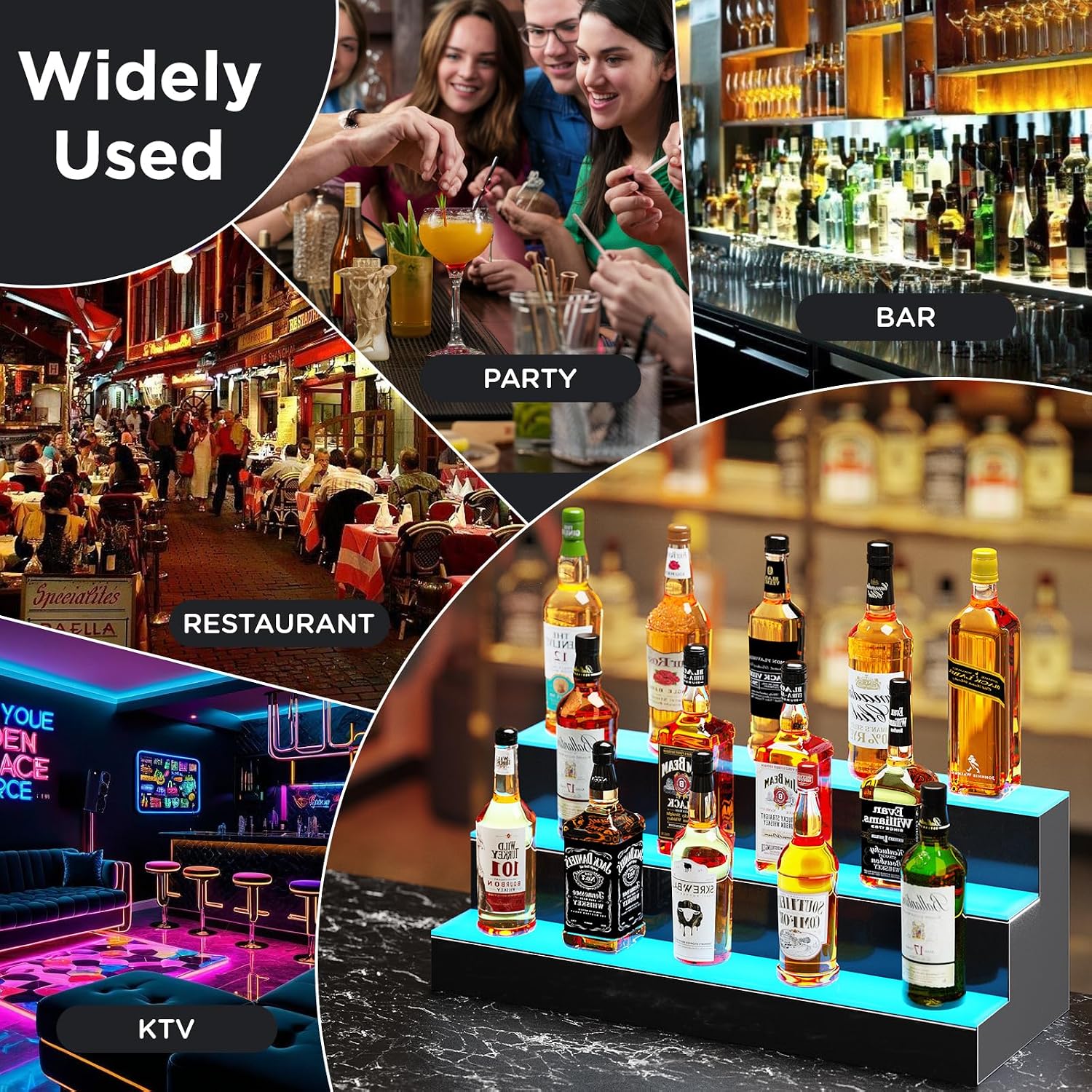 Dethan 2 Tier 20 Inch Liquor Bottle Display Shelf - L-Shape Corner Wine Racks with Multi-Color App & Remote Control, Adjustable Brightness & Sound Modes, Acrylic Bar Shelves for Displays