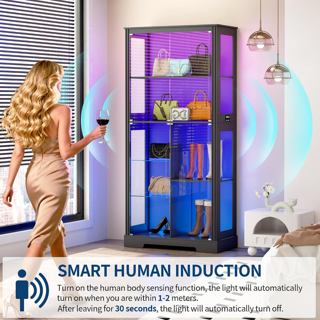 HNEBC Glass Display Cabinet with RGB Lights, 71'' Curio Cabinet with Glass Doors, 5-Tier Display Cases and Human Sensor, Bookcases for Collectibles, Books,Toys, Black