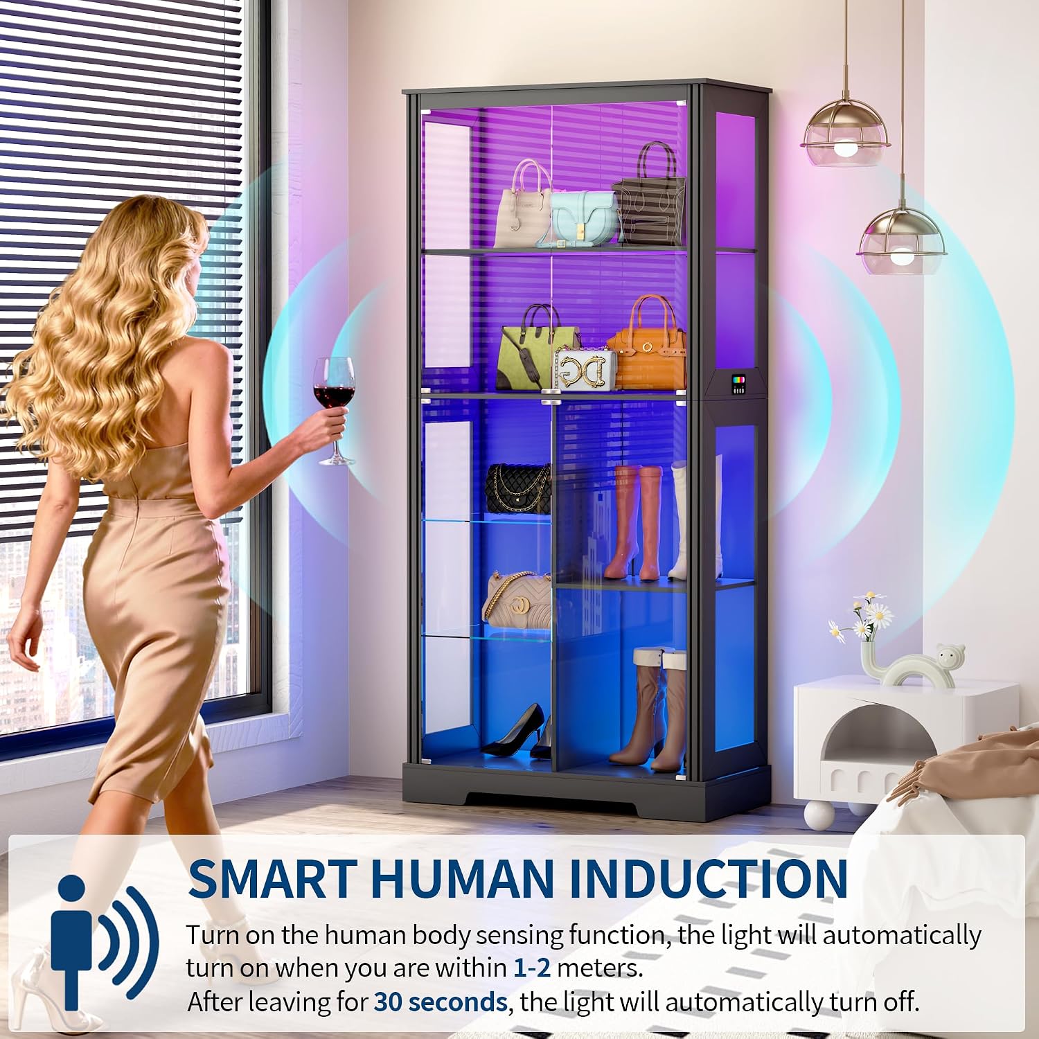 HNEBC Glass Display Cabinet with RGB Lights, 71'' Curio Cabinet with Glass Doors, 5-Tier Display Cases and Human Sensor, Bookcases for Collectibles, Books,Toys, Black
