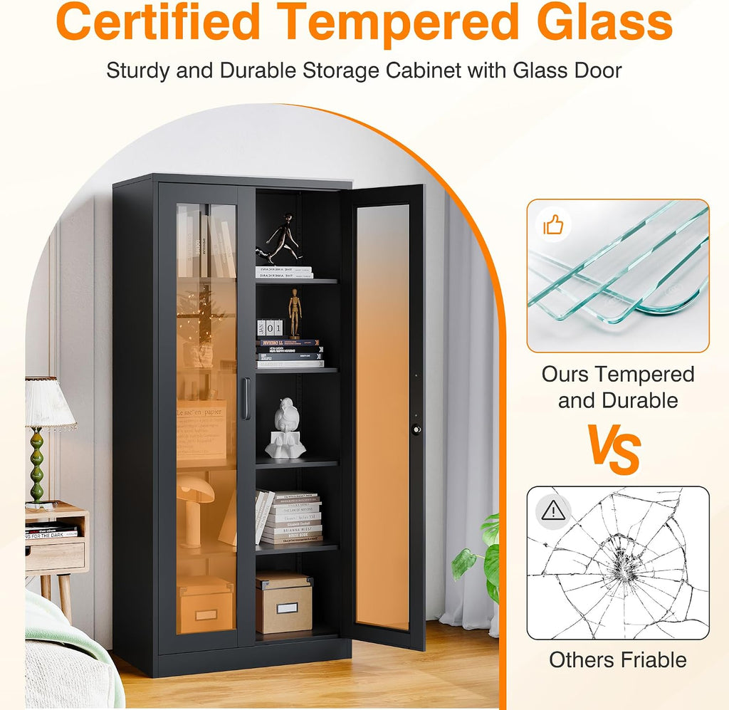 Glass Display Cabinet with 4 Adjustable Shelves, 71' Tall Curio Cabine with Tempered Glass Door, Liquor Cabinet with Lock, 5-Tier Bookcase Storage Cabinet for Home, Study, Living Room (Black)