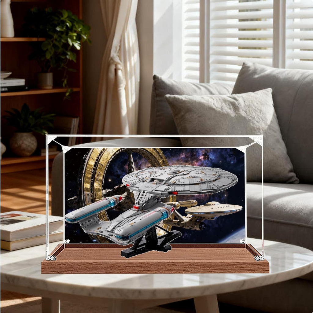 Acrylic Display Case for Giant Lego 10356 Enterprise Blocks Building Model Set,Dust&Moisture Resistant&Decoration, Compatible with Lego 10356 (Case Only) (Wood + Background A)