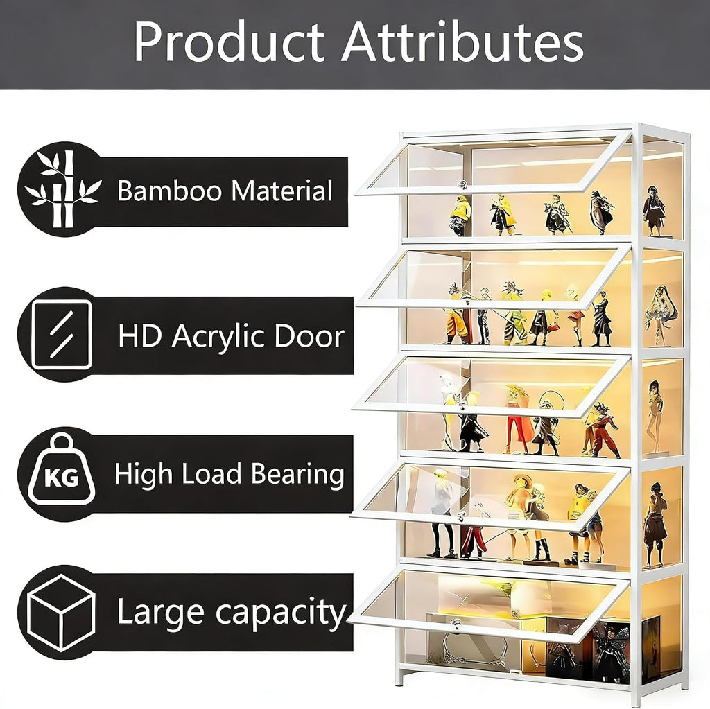 Display Cabinet with Acrylic Glass Door, 5 Tier Curio Display Case, Collectibles Toy Organizers Rack & Display Shelf, Kids Bookcase for Bedroom, Reading Nook, Toddler's Room, Bamboo