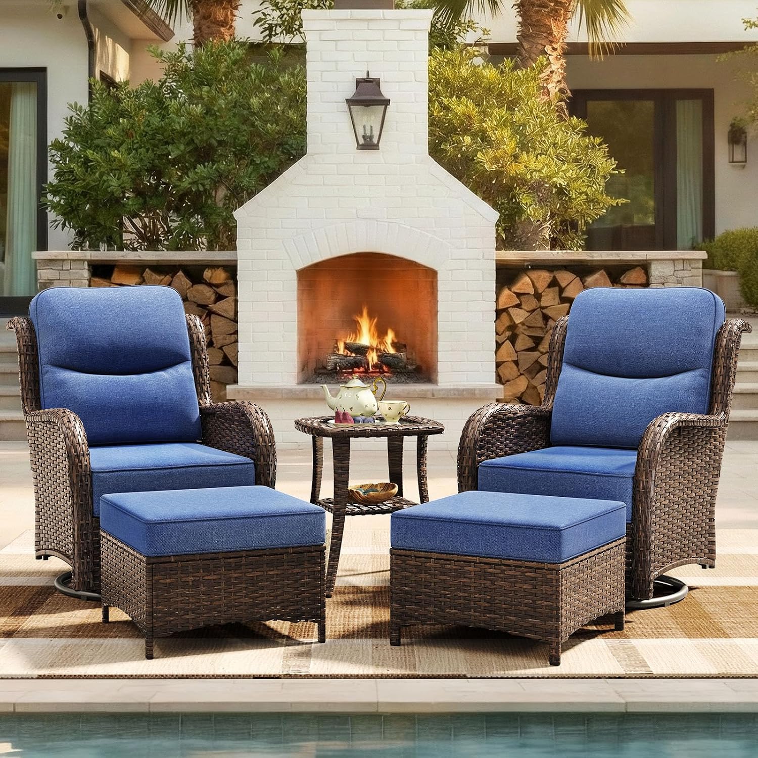 HILLGA 5-Piece Luxury Patio Furniture Set with 6' Thick Cushions, Weather-Resistant Wicker High Back Swivel Rocker Chairs, Senior-Friendly Conversation Set for Small Porch, Deck and Sunroom, Blue(V2)