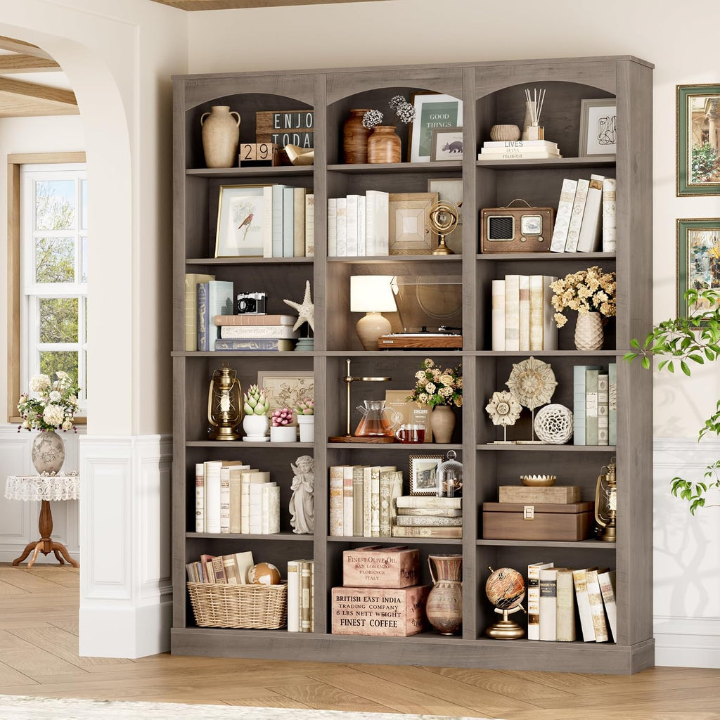 FACBOTALL 71' Triple Wide Bookshelf, 6 Tier Tall Bookshelf, Large Bookcase with Curved Baffle, 63.4' Wide Book Shelf with 18 Open Display Shelves for Living Room, Study, Gray
