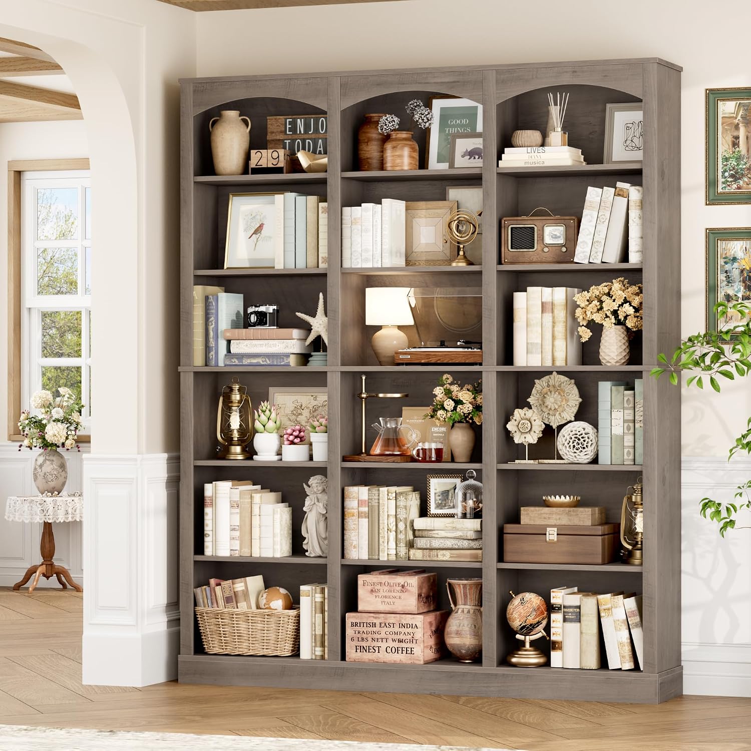 FACBOTALL 71' Triple Wide Bookshelf, 6 Tier Tall Bookshelf, Large Bookcase with Curved Baffle, 63.4' Wide Book Shelf with 18 Open Display Shelves for Living Room, Study, Gray