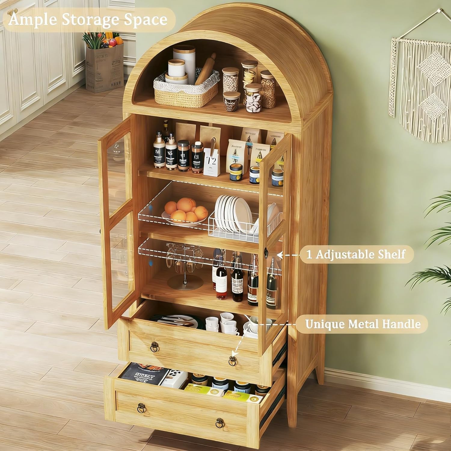 HUAHUU 71' Tall Pantry Cabinet, Arched Cabinet, Kitchen Storage Cabinets with 2 Large Drawers & Adjustable Shelves & Glass Door for Living Room, Kitchen, Dining Room, Natrual