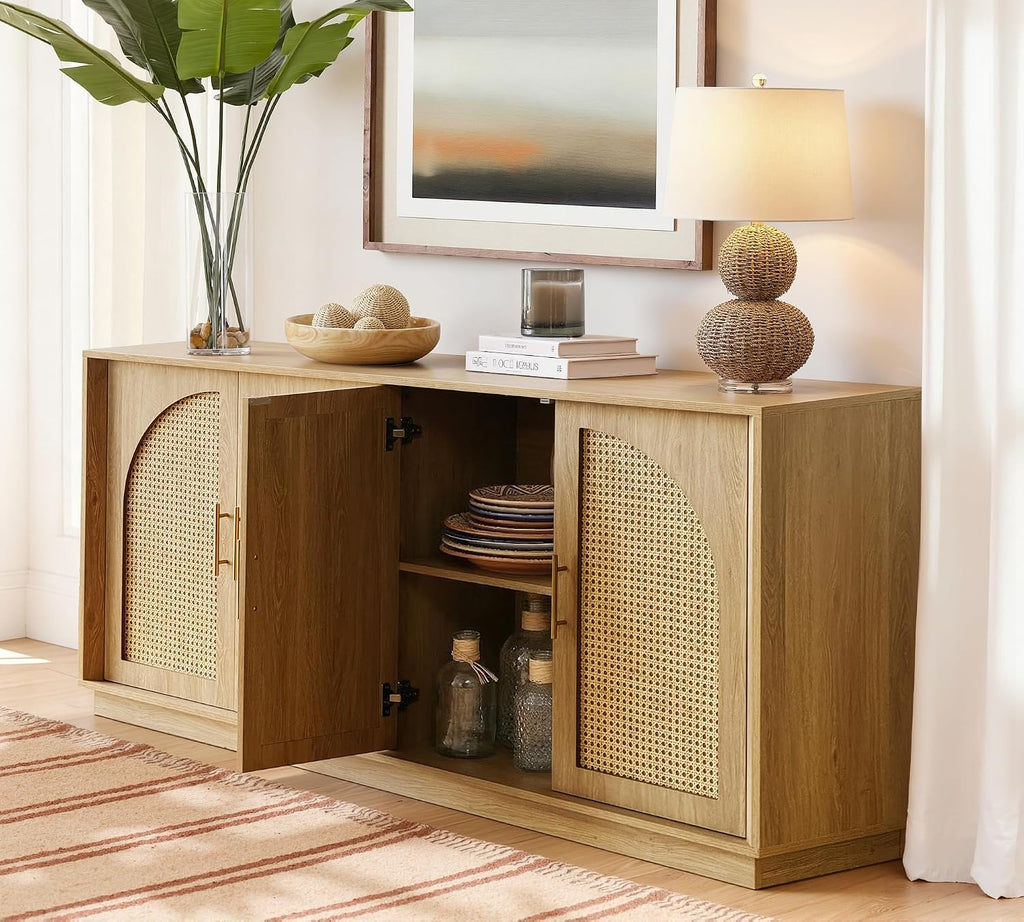 FORTUNETEC 63' Sideboard Buffet Cabinet with Storage, Modern Accent Cabinet with Rattan Arched Doors, Modular Media Console, Boho Credenza for Living Room Kitchen Dining Room Entryway, Oak