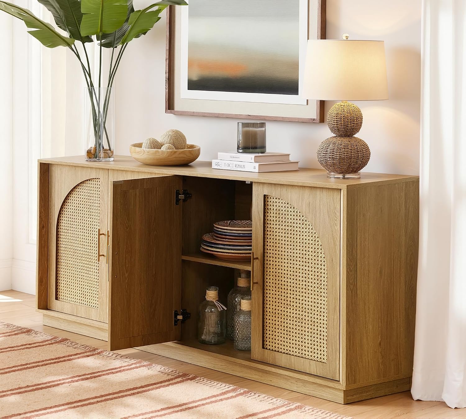 FORTUNETEC 63' Sideboard Buffet Cabinet with Storage, Modern Accent Cabinet with Rattan Arched Doors, Modular Media Console, Boho Credenza for Living Room Kitchen Dining Room Entryway, Oak