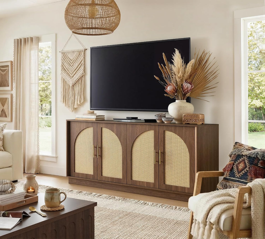 FORTUNETEC 63' Sideboard Buffet Cabinet with Storage, Modern Accent Cabinet with Rattan Arched Doors, Modular Media Console, Boho Credenza for Living Room Kitchen Dining Room Entryway, Walnut