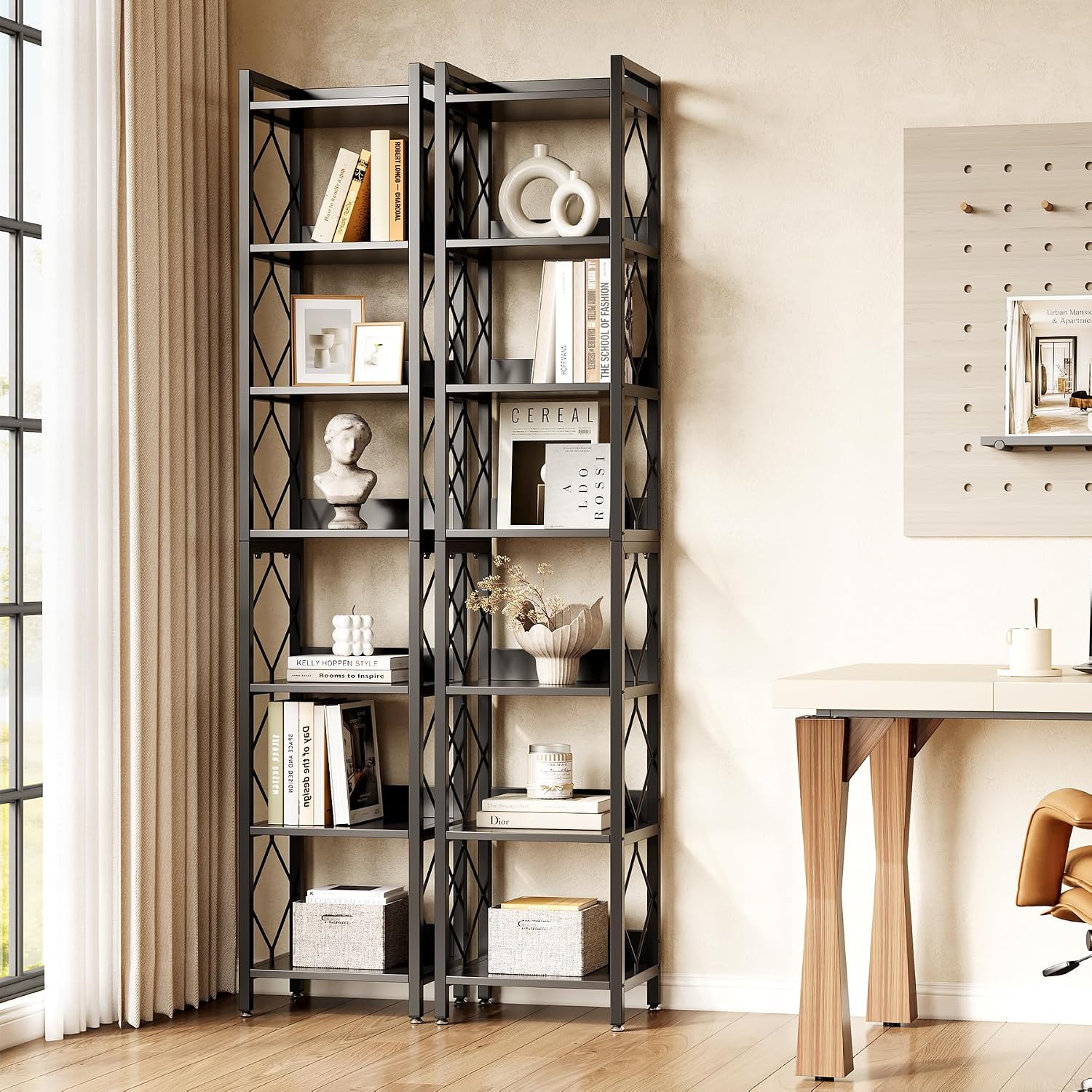 LITTLE TREE Book Shelf Set of 2, 7-Tier Tall Bookcase, Wooden Display Shelves with Metal Frame for Living Room, Modern Narrow Standing Bookshelves for Bedroom, Black Office Shelf for Small Spaces