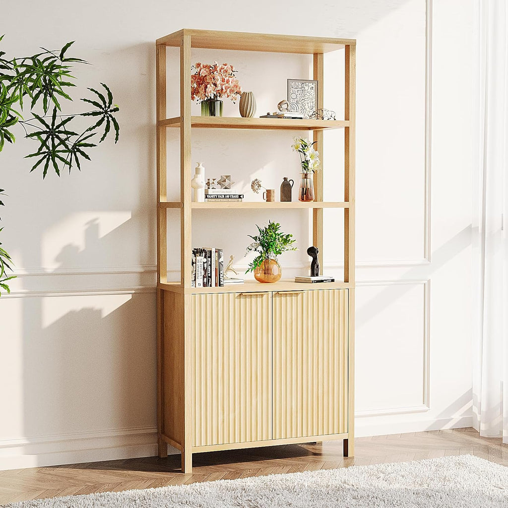 VINGLI Bookcase with Fluted Doors, 71' Wood Storage Cabinet with Adjustable Shelves, 6-Tier Display Cabinet Bookshelf for Study, Living Room, Home Office, Kitchen Pantry, Oak