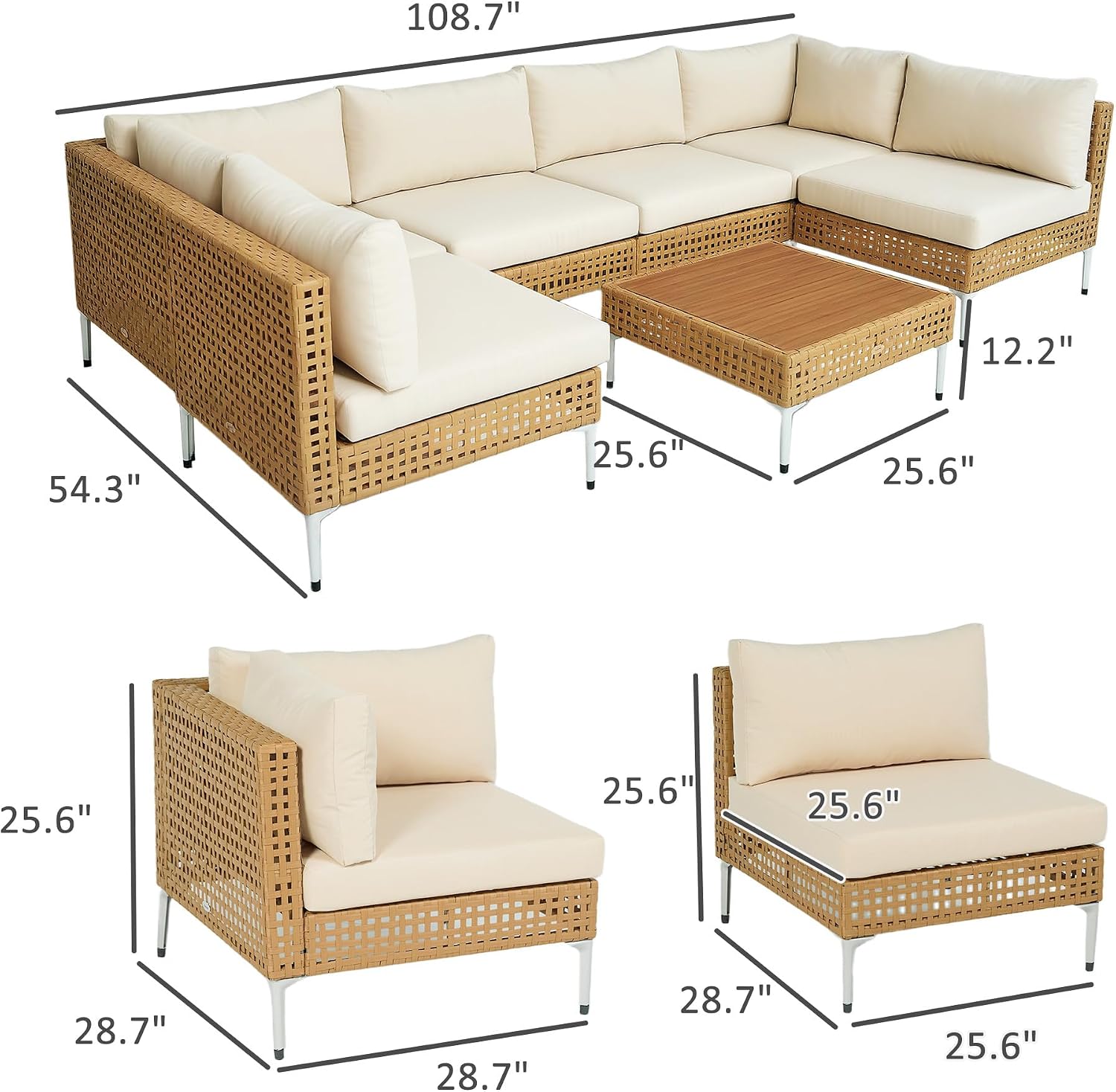 Outsunny 7 Piece Wicker Patio Furniture Set, Modular Outdoor Sectional with Thickened Cushions, Rattan Outdoor Furniture Conversation Set with Slatted Acacia Wood Table for Backyard, Khaki/Beige