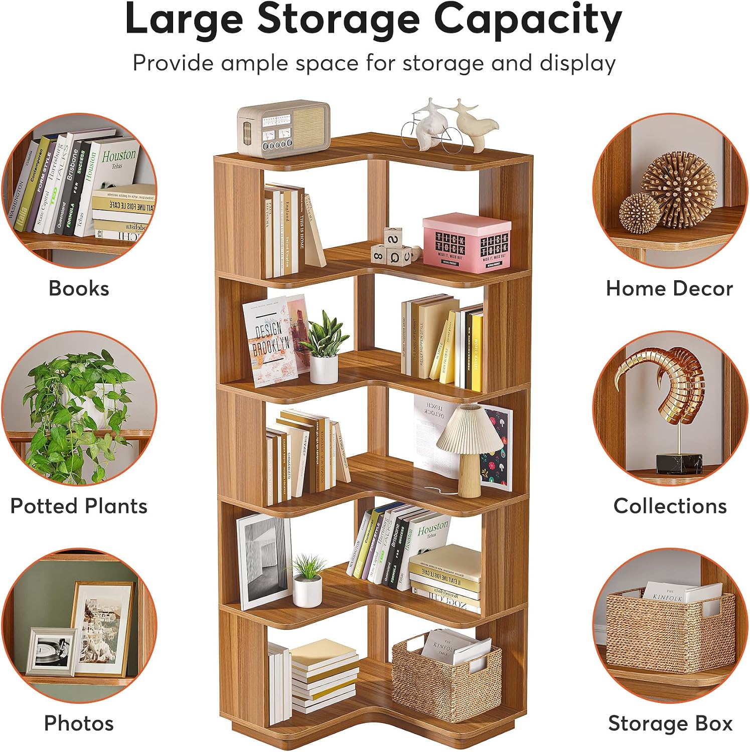 LITTLE TREE 6-Shelf Corner Bookshelf, 65' Tall L Shaped Bookcase, 6-Tier Industrial Corner Shelf Storage Display Rack for Living Room Home Office, Wood Grain Walnut