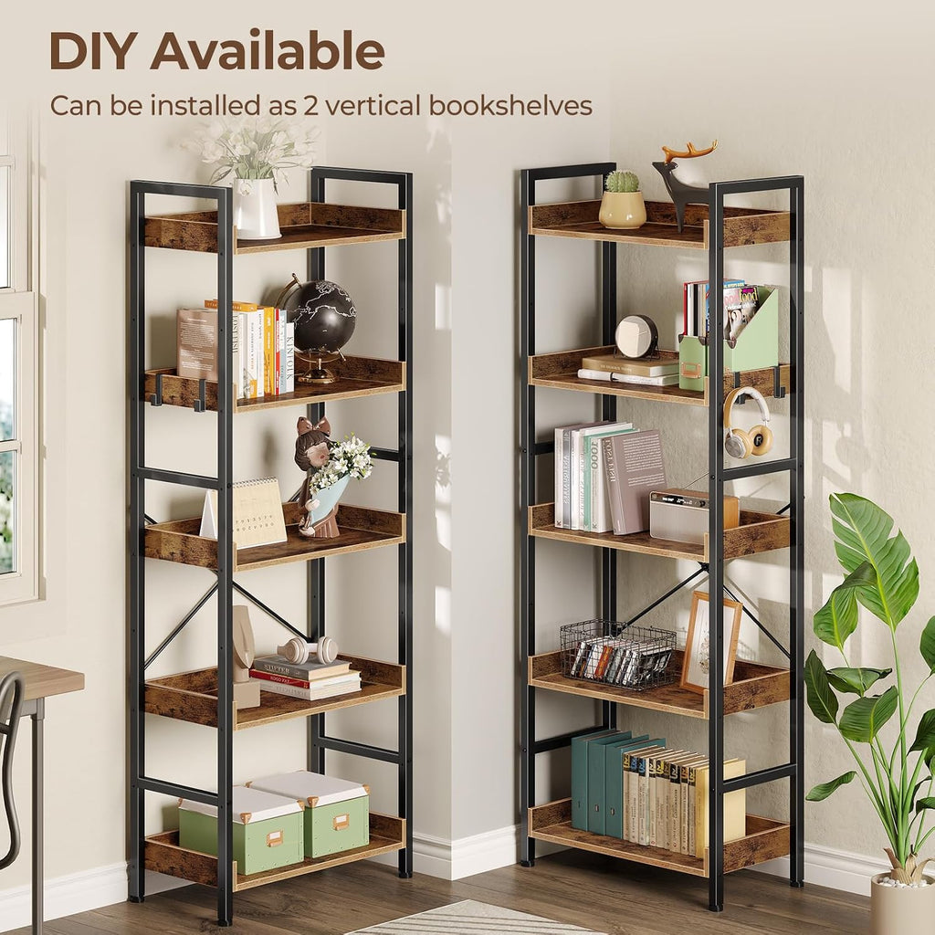 Rolanstar Bookshelf 5 Tiers, Triple Bookcase with Open Display Shelves, Industrial Wide Bookshelf with Metal Frame for Living Room, Office, Rustic Brown