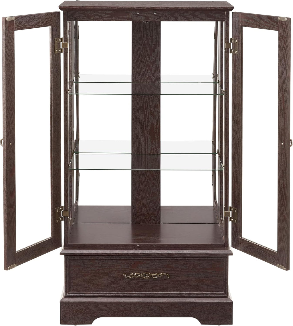 47' H Lighted Curio Cabinet Display Case, Glass Case with Adjustable Shelves,Tempered Glass Door and Drawer, Wooden Curio Cabinet with Mirrored Back Pane for Living Room (Dark Cherry)