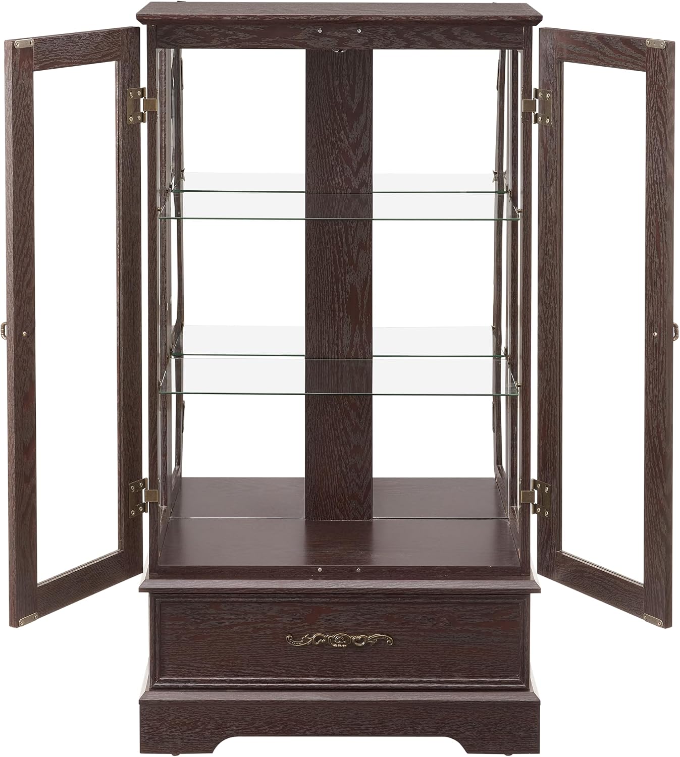 47' H Lighted Curio Cabinet Display Case, Glass Case with Adjustable Shelves,Tempered Glass Door and Drawer, Wooden Curio Cabinet with Mirrored Back Pane for Living Room (Dark Cherry)
