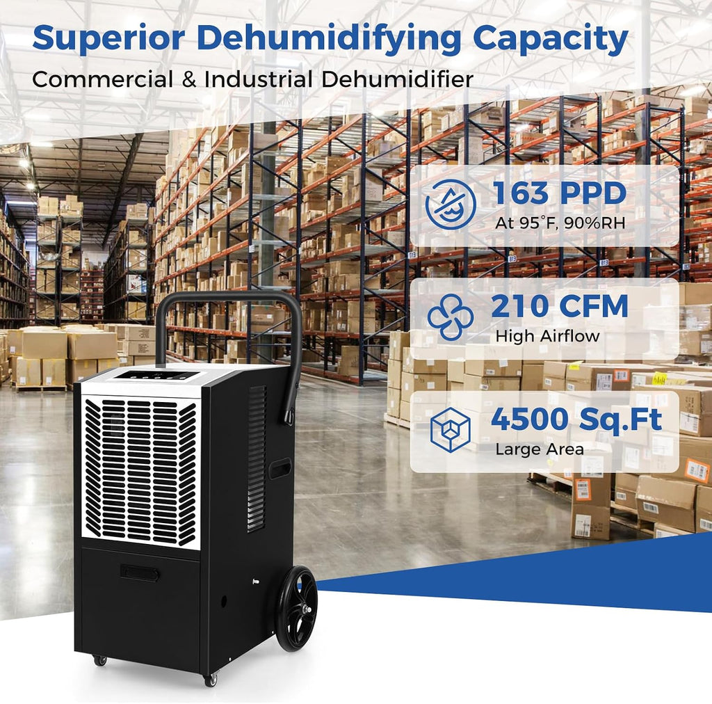 ARLIME 163 Pints Commercial Dehumidifier w/Pump & Drain Hose, Industrial Heavy Duty Portable Dehumidifier for Large Spaces, Basement, Warehouse, Water Damage Restoration, Up to 4500 Sq.Ft (White)