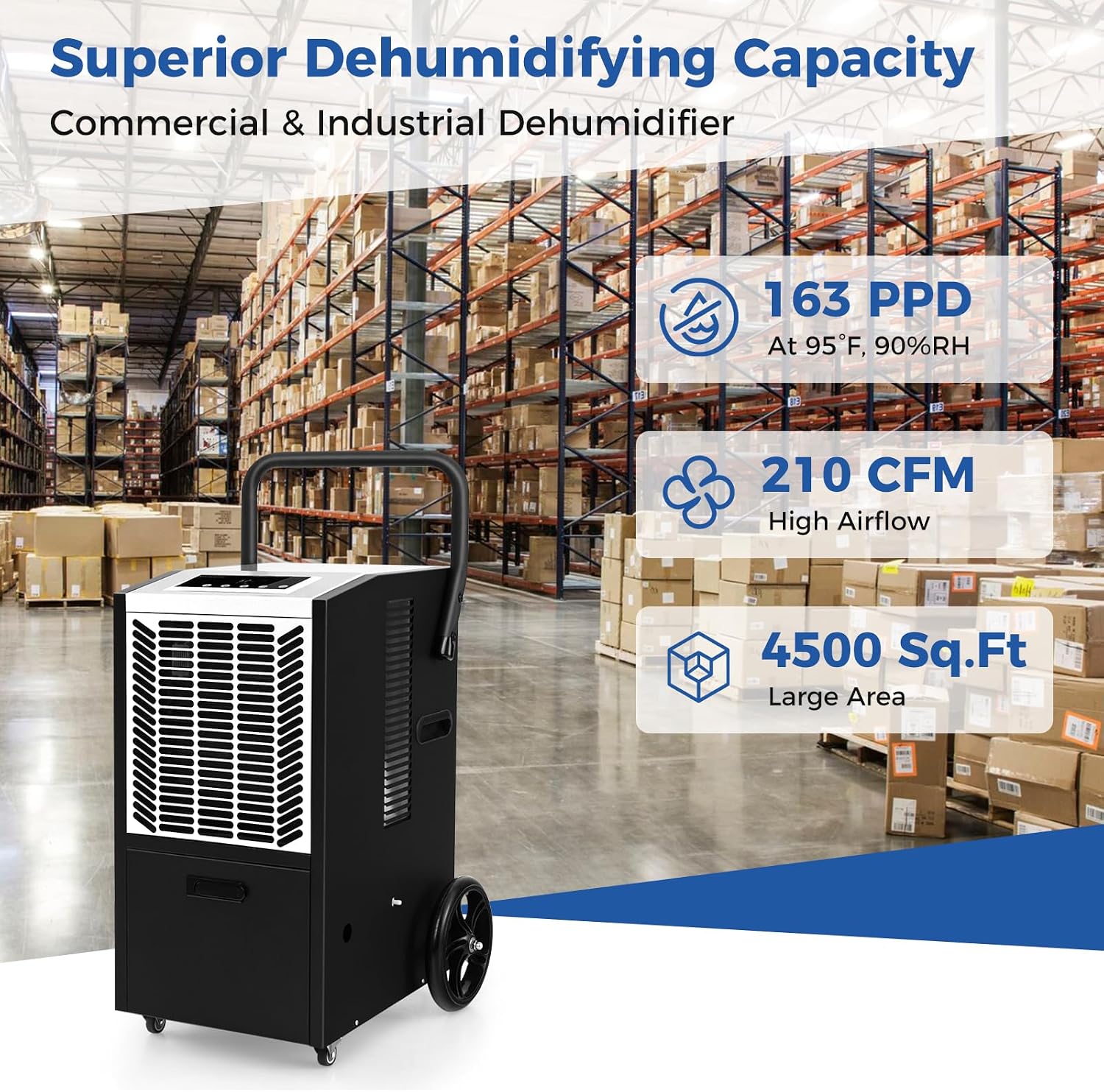 ARLIME 163 Pints Commercial Dehumidifier w/Pump & Drain Hose, Industrial Heavy Duty Portable Dehumidifier for Large Spaces, Basement, Warehouse, Water Damage Restoration, Up to 4500 Sq.Ft (White)