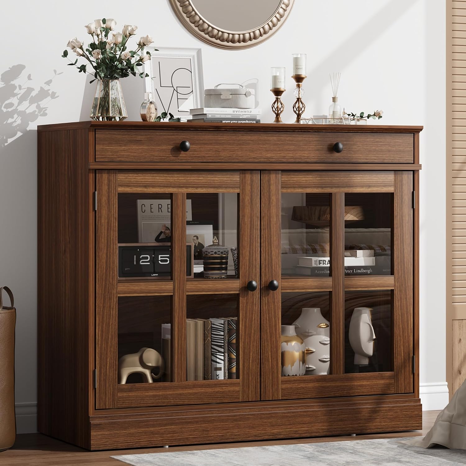 GarveeHome 35.4 in Sideboard Buffet Cabinets with Glass Door, Buffet Cabinet with Storage, Walnut Sideboard Cabinet with Drawer, Modern Buffets & Sideboards for Dining Room, Kitchen