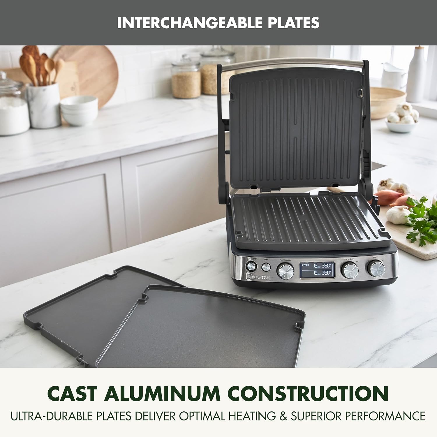 GreenPan Elite 7-in-1 Multi-Function Contact Grill & Griddle, Healthy Ceramic Nonstick Reversible Plates, Adjustable Shade & Shear, Closed Press/Open Flat Surface, PFAS-Free, Graphite