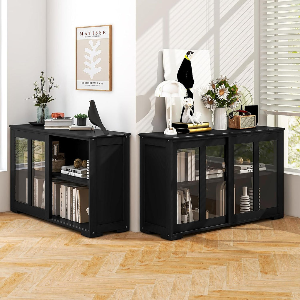 COSTWAY Buffet Sideboard with Storage, 2-Door Floor Cupboard with Sliding Tempered Glass Cabinet & Adjustable Shelf, Stackable Storage Cabinet for Kitchen, Entryway, Black (2)