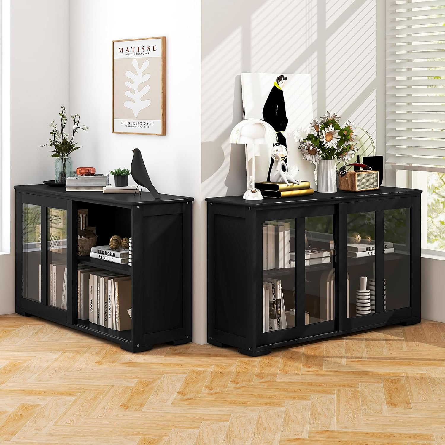COSTWAY Buffet Sideboard with Storage, 2-Door Floor Cupboard with Sliding Tempered Glass Cabinet & Adjustable Shelf, Stackable Storage Cabinet for Kitchen, Entryway, Black (2)