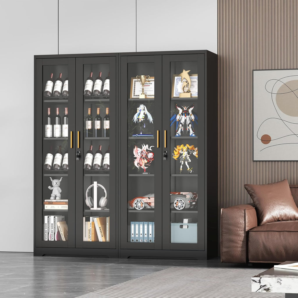 UNICOLY Lockable Display Cabinet with Glass Doors, Curio Cabinets with 4 Adjustable Shelves, Liquor Bookcase Bookshelf with Doors, Metal Storage Cabinet for Living Room Pantry, Black