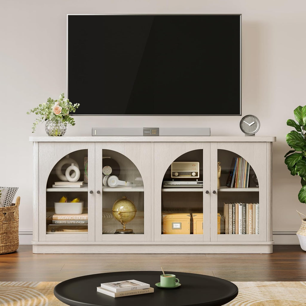 63 Inch Sideboard Buffet Cabinet, Modern Arched Buffet with Glass Doors, Large Curved Cabinets with Storage, Console Credenza w/Adjustable Shelves for Living Room, Kitchen, Entryway, White Oak