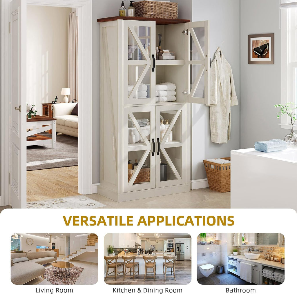 DWVO 66' Storage Cabinet, Tall Bookshelf Display Cabinet, 4 Shelves Curio Cabinet with Tempered Glass Doors, Trophy Display Case for Living Room and Dinning Room, White