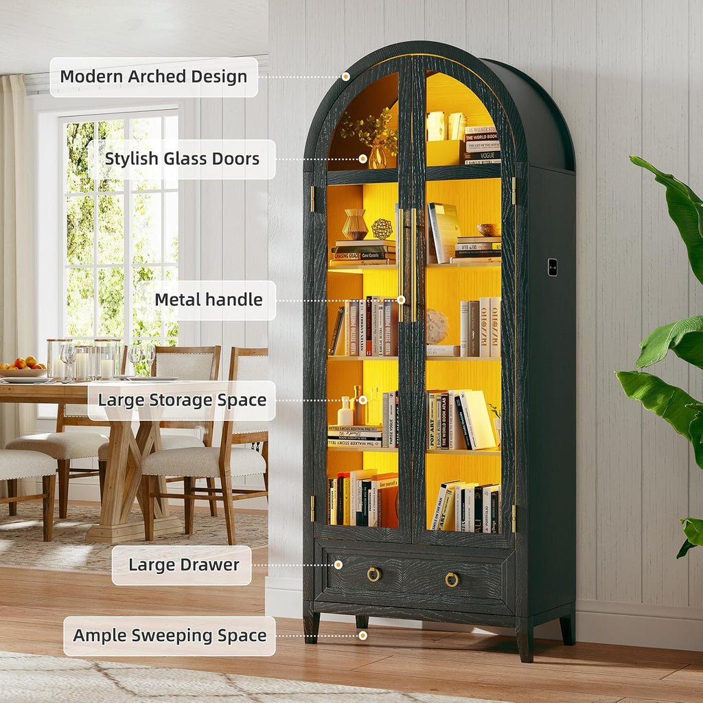 Arch Display Cabinet with Glass Doors, 4-Tier Curio Cabinet Shelves and a Drawer,73' Inch Tall LED Display Case for Collectibles,Bookcase for Bedroom Living Room Office,Black