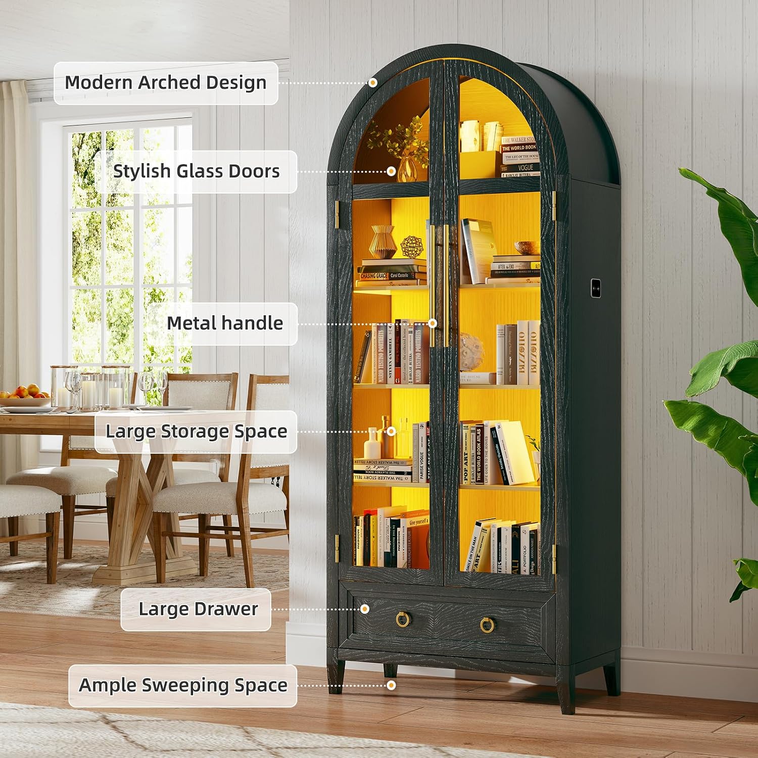 Arch Display Cabinet with Glass Doors, 4-Tier Curio Cabinet Shelves and a Drawer,73' Inch Tall LED Display Case for Collectibles,Bookcase for Bedroom Living Room Office,Black