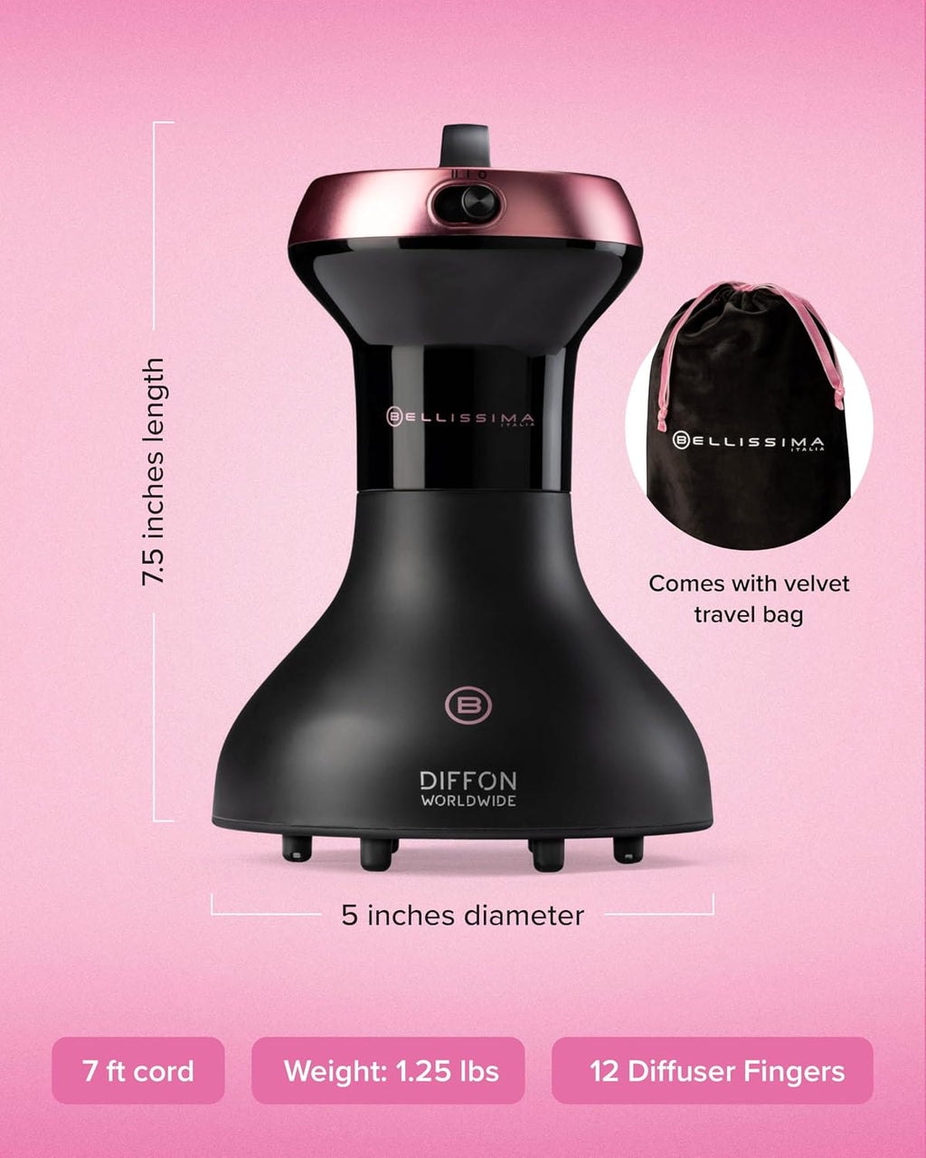 Bellissima Diffon Worldwide Diffuser Hair Dryer for Curly Hair - Dual Voltage 2-in-1 Blow Dryer with Diffuser - Reduces Frizz, Defines Curls, Volumizes - Lightweight, Easy Hold Handle