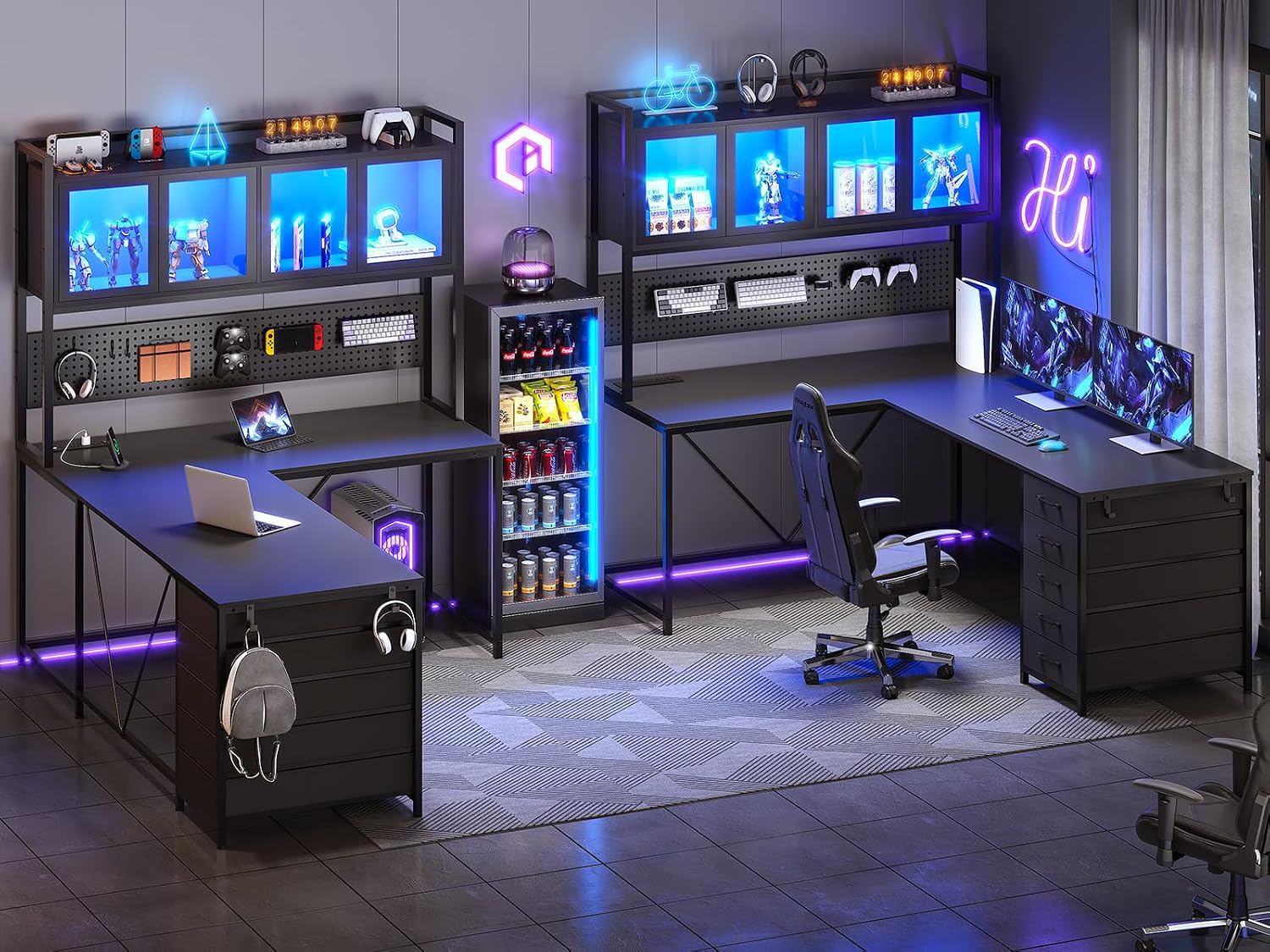 SEDETA L Shaped Gaming Desk with Drawers, L Shaped Computer Desk with Hutch and Storage Shelves, Gaming Desk with Pegboard, Led Lights, and Power Outlet, Home Office Desk, Corner Desk, Black