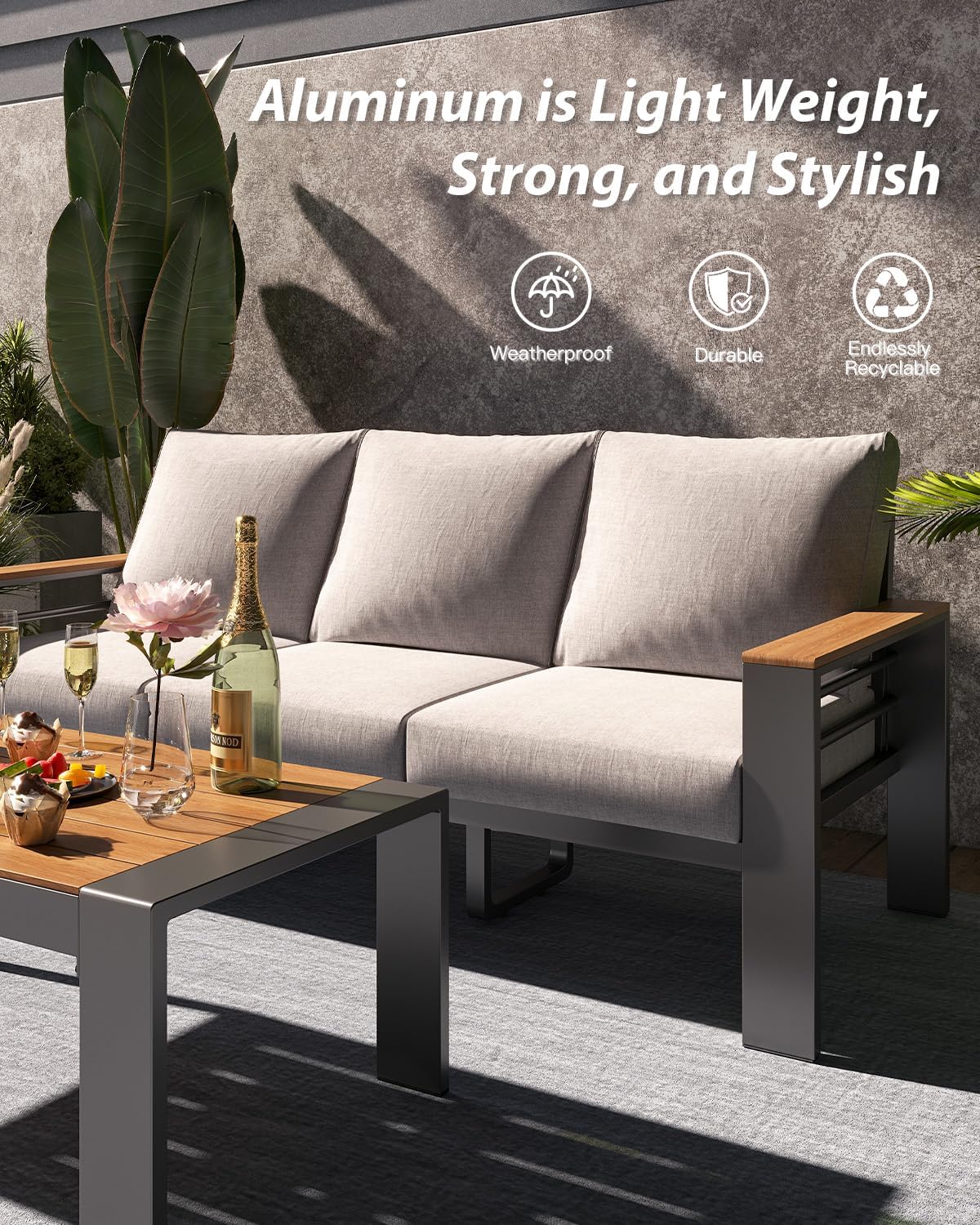 Aoxun Patio Furniture Set, 4 Piece Aluminum Patio Sets with 5' Thicken & Washable Cushion, Waterproof Outdoor Furniture with Coffee Table, Outdoor Couch Sectional for Backyard, Porch and Garden